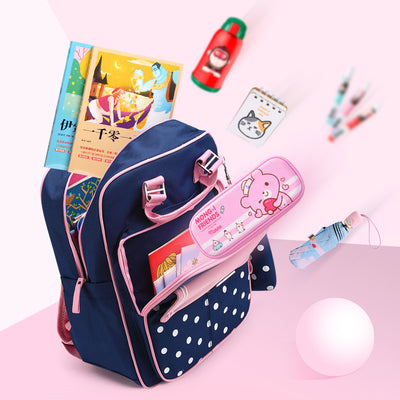 Blue kids' school backpack with white star pattern, front pocket, and matching pencil case. Measures 40x30x13cm. - Image 2
