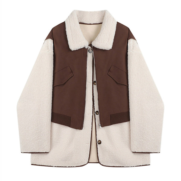 Chaqueta Suéter Bicolor de Lana de Cordero Suelta y Casual