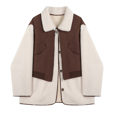 Chaqueta Suéter Bicolor de Lana de Cordero Suelta y Casual