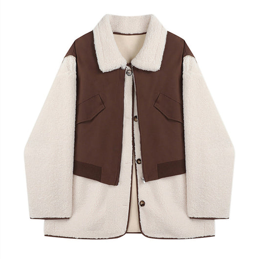 Chaqueta Suéter Bicolor de Lana de Cordero Suelta y Casual