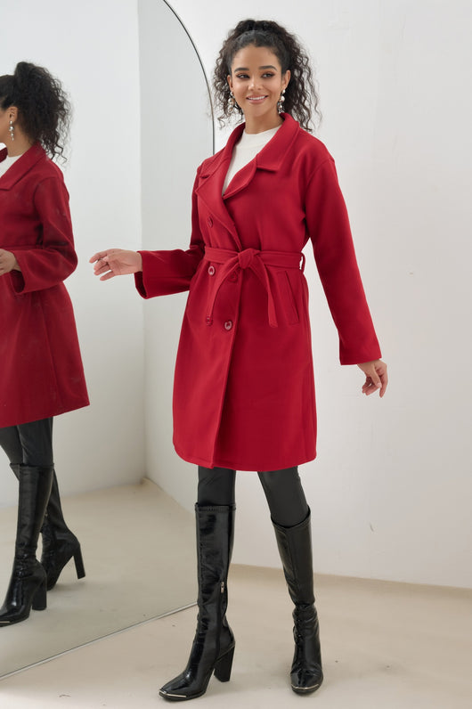 Abrigo de Lana Ajustado Largo con Corbata Color Sólido - Image 17