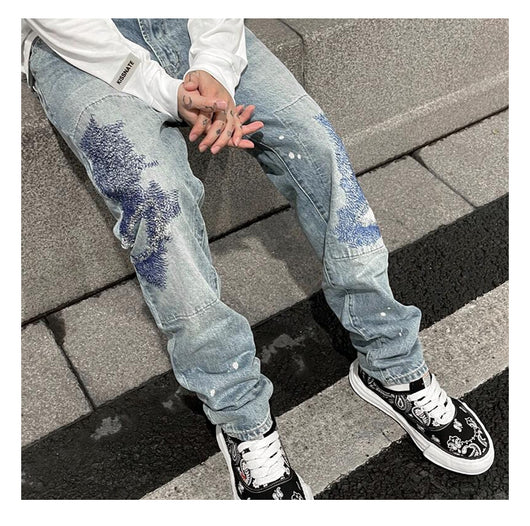 Jeans Rectos Casuales para Hombre con Diseño Floral Quemado y Lavado Industrial - Image 3