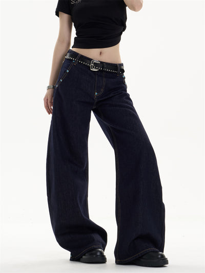 Pantalones Jeans Azul Oscuro Retro Corte Recto Ancho Casual - Image 16