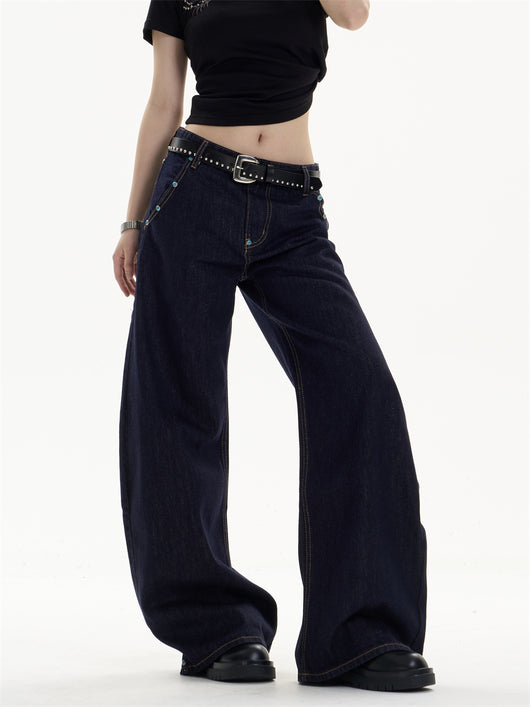 Pantalones Jeans Azul Oscuro Retro Corte Recto Ancho Casual - Image 16