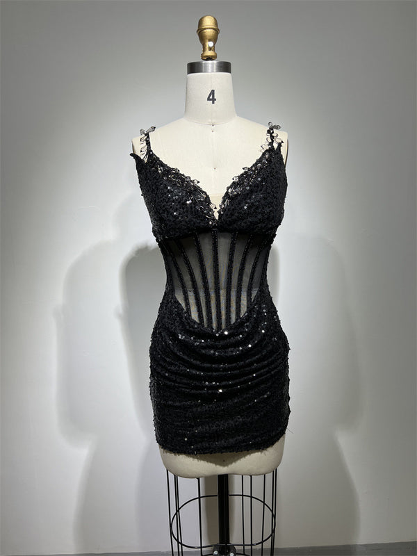 Vestido Corto Negro con Lentejuelas y Tirantes Transparentes - Image 6