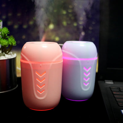 Light blue portable car humidifier with chevron pattern, white USB LED light, and white USB mini fan. - Image 6