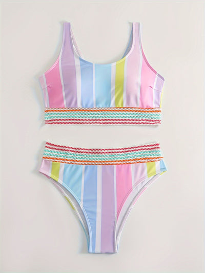 Women's pastel rainbow striped bikini with a sports top and high-waisted bottom, featuring decorative trim. - Image 4