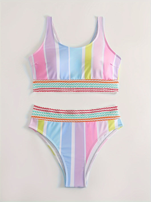 Women's pastel rainbow striped bikini with a sports top and high-waisted bottom, featuring decorative trim. - Image 4