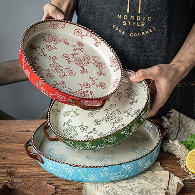 Bandeja de Horneado Cerámica Pintada a Mano con Flores de Cerezo Japonesas