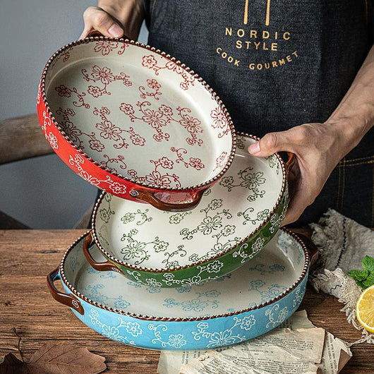Bandeja de Horneado Cerámica Pintada a Mano con Flores de Cerezo Japonesas