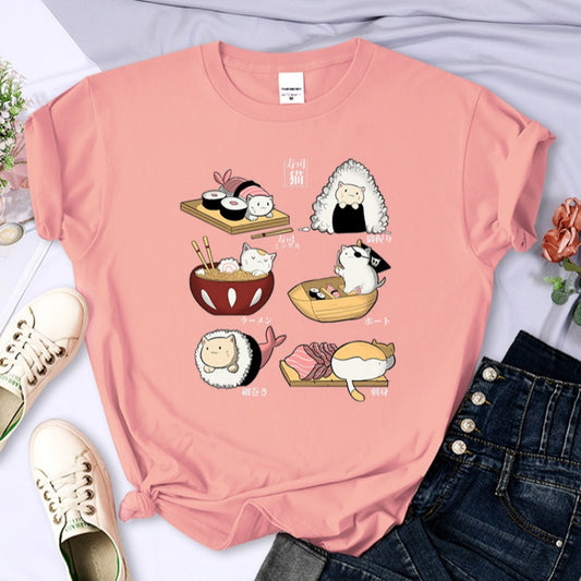 Playera Harajuku Gatos Sushi - Diseño Trendy para Mujer