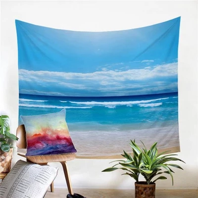 Rectangular tapestry featuring a vibrant beach scene with blue sky, white clouds, and turquoise ocean waves crashing on sand. - Image 2