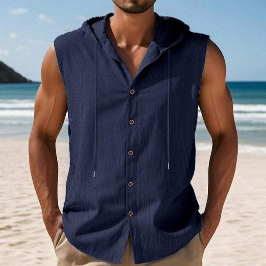 Camisa sin Mangas de Lino con Capucha para Hombre - Image 3
