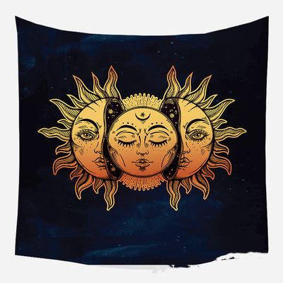 Golden crescent moon and woman silhouette tapestry with a floral crown against a dark blue starry background. - Image 63