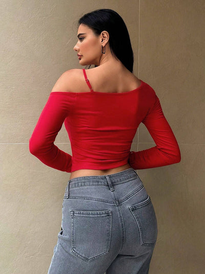 Blusa Corta Cuello Oblicuo Estilo Dulce y Picante para Mujer - Diseño Otoño Invierno - Image 13