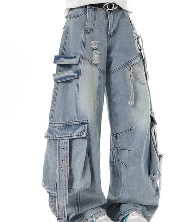 Pantalones Cargo Denim Deconstruidos Estilo Americano Unisex - Image 7