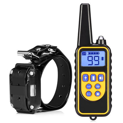 Three electric dog training collars in black, orange, and yellow with receivers, alongside a black and yellow remote control. - Image 9