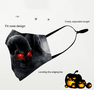 Black double-layer face mask with a repeating pattern of glowing white jack-o'-lantern faces and ear hooks. - Image 3
