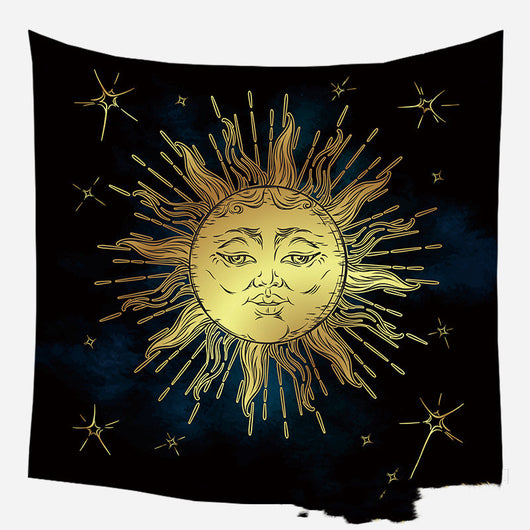 Golden crescent moon and woman silhouette tapestry with a floral crown against a dark blue starry background. - Image 33