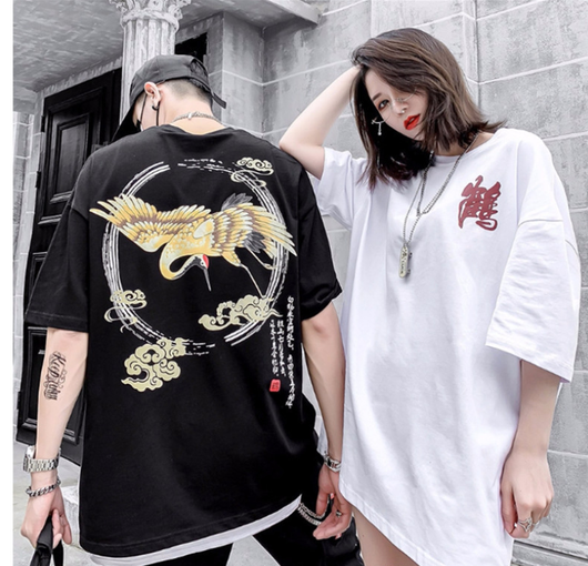 Playera Hip Hop Estilo Chino Grúa de Manga Corta