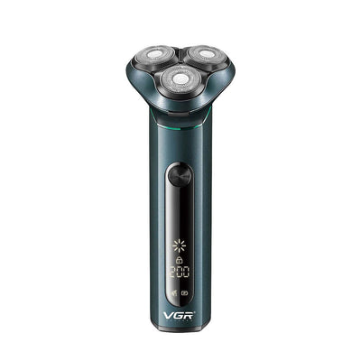 VGR men's electric rotary shaver with a dark teal metal body, LCD display, and three shaving heads. Includes USB cable, cleaning brush, travel pouch, and protec - Image 3