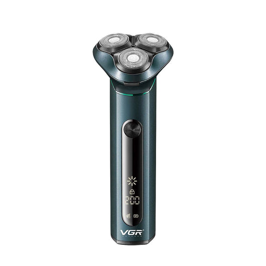 VGR men's electric rotary shaver with a dark teal metal body, LCD display, and three shaving heads. Includes USB cable, cleaning brush, travel pouch, and protec - Image 3