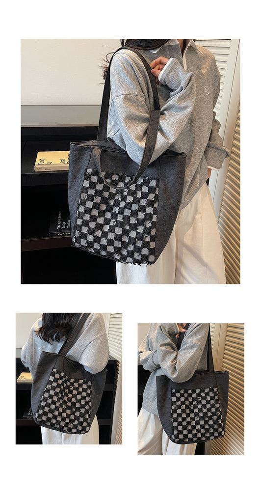 Bolsa Tote de Mezclilla Lavada con Patrón Escocés y Gran Capacidad - Image 29