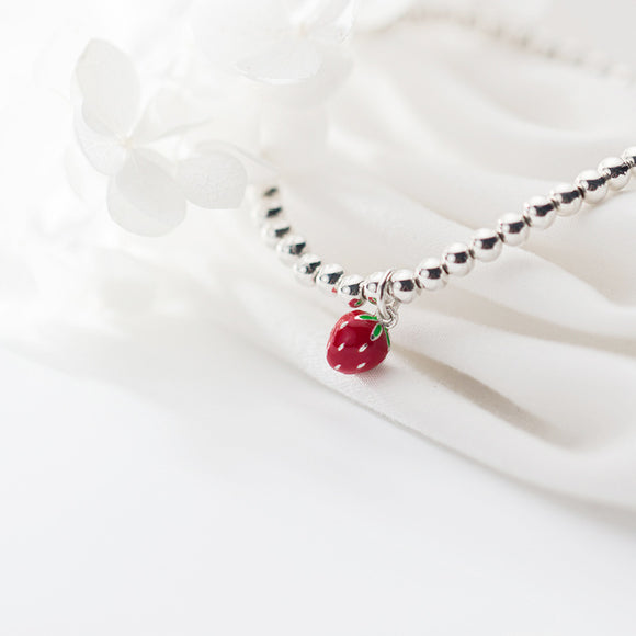 Pulsera de Plata S925 con Dije de Fresa Lacado Estilo Coreano