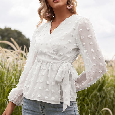 Blusa Elegante de Encaje Jacquard con Escote V y Mangas Largas