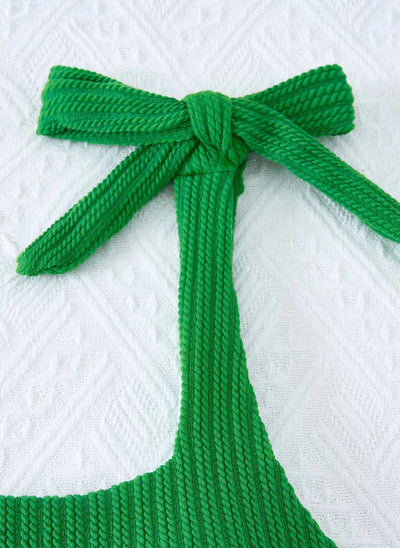 Green textured knit two-piece swimsuit with a square-neck crop top and high-waisted bottoms, featuring tie-shoulder straps. - Image 19