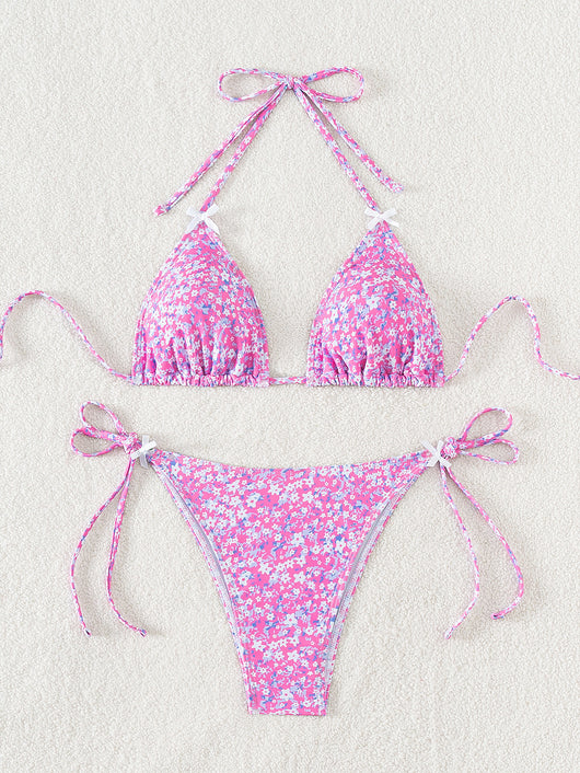 Red floral print triangle cup bikini set with matching bottom, featuring a small gold charm on the top. - Image 14