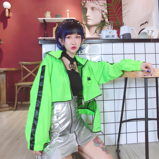 Chaqueta Deportiva Hip-Hop Verde Neón con Capucha Desmontable - Mujer Talla Delgada