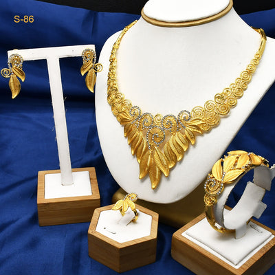 Women's Saudi bridal four-piece gold-colored jewelry set with floral and leaf designs, featuring a necklace, bracelet, earrings, and ring. - Image 19