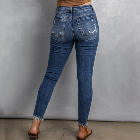 Women's High Waisted Distressed Hem Skinny Jeans