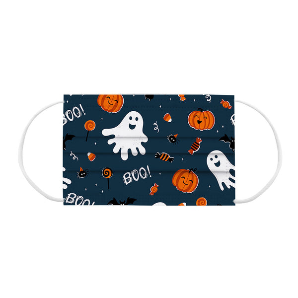 Yellow disposable face mask with black Halloween pattern including pumpkins, bats, skulls, ghosts, and gravestones.