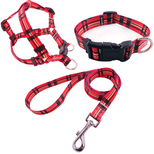Blue geometric pattern pet collar, harness, and leash three-piece set with black buckles and silver hardware. - Image 6
