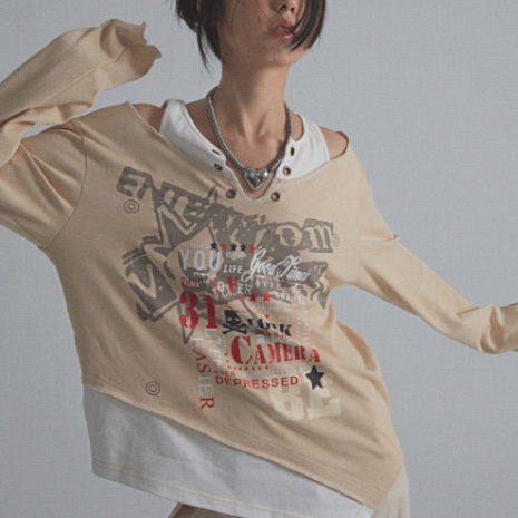 Blusa Vintage Efecto Capas con Estampado y Mangas Largas
