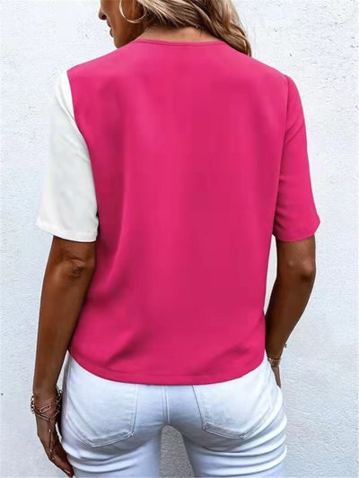Blusa Elegante de Chifón con Contraste y Manga Corta para Mujer - Image 25