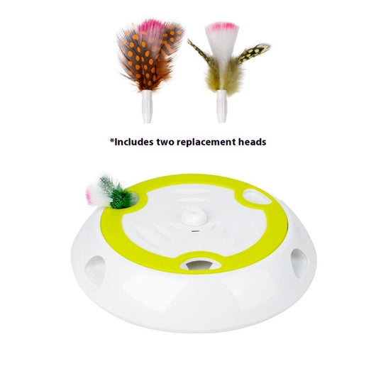 Electric cat toy with white and lime green base, feather attachment, and two replacement feather heads. - Image 6