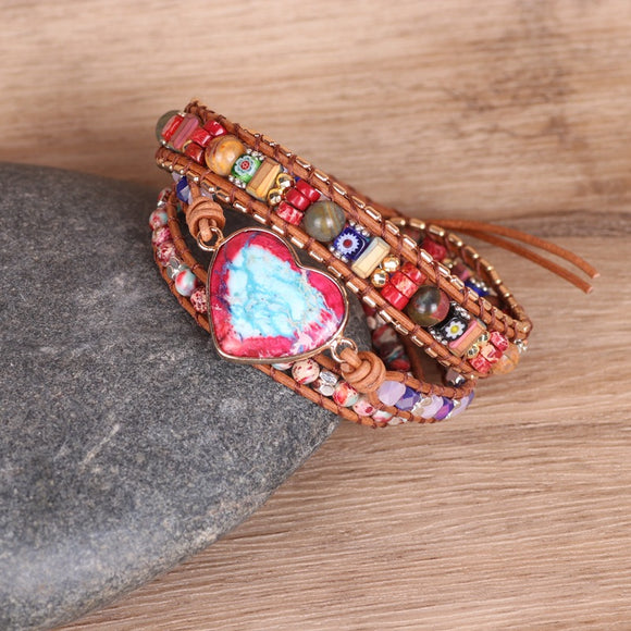 Pulsera Multicapa de Cuero Trenzado con Piedra Emperador y Abalorios Coloridos