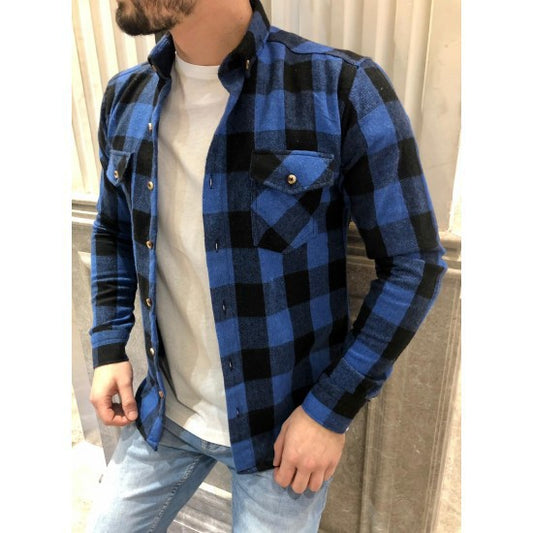 Camisa de Cuadros con Bolsillos y Solapas para Hombre - Manga Larga Otoño