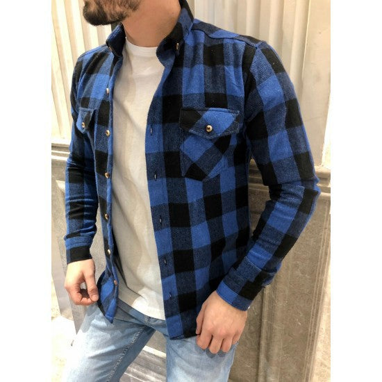 Camisa de Cuadros con Bolsillos y Solapas para Hombre - Manga Larga Otoño
