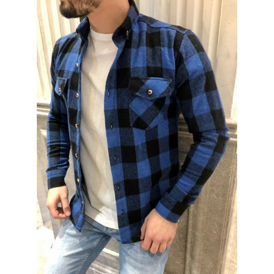 Camisa de Cuadros con Bolsillos y Solapas para Hombre - Manga Larga Otoño