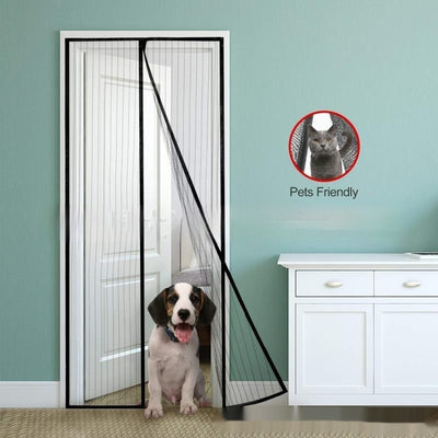 Black magnetic mosquito-proof curtain installed in a white doorway, with a puppy sitting in front of it.