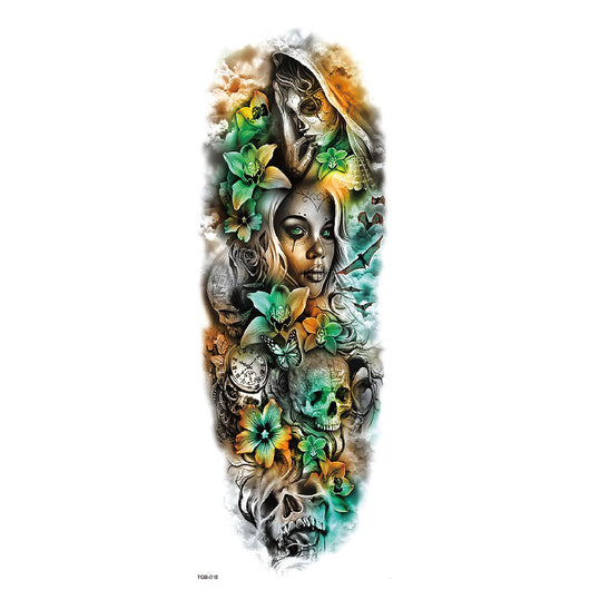 Full arm temporary tattoo sticker with a black, red, and light blue tribal design, featuring abstract shapes and patterns. - Image 15