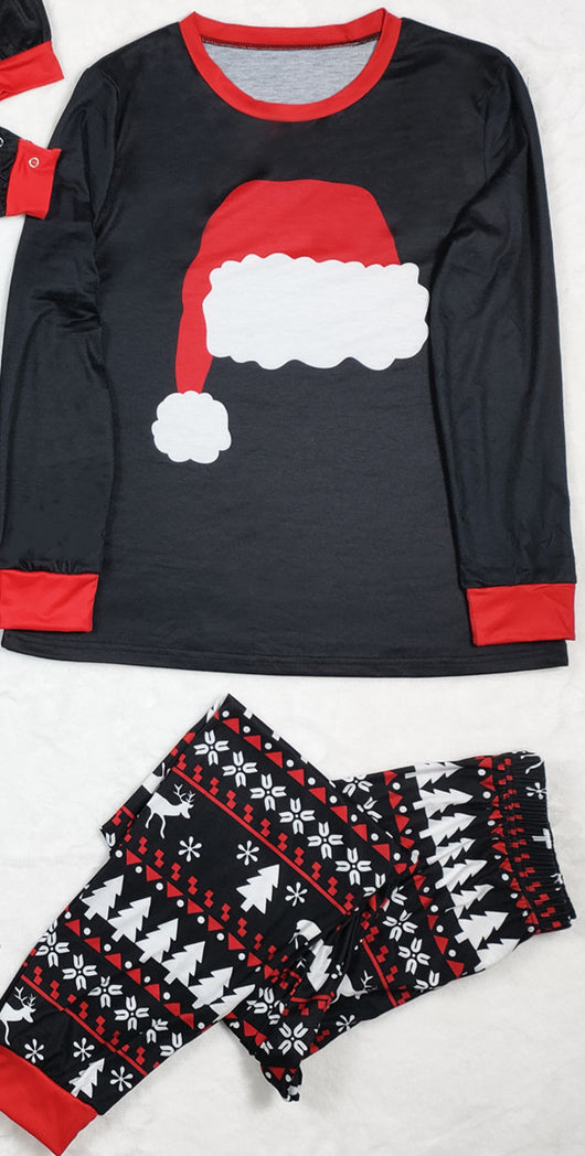 Black long-sleeve Christmas pajama top with a red Santa hat graphic and matching pants with a reindeer and tree pattern. - Image 11