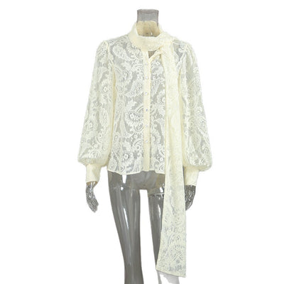 Blusa Elegante de Encaje Francés con Mangas Largas Transparentes - Image 5