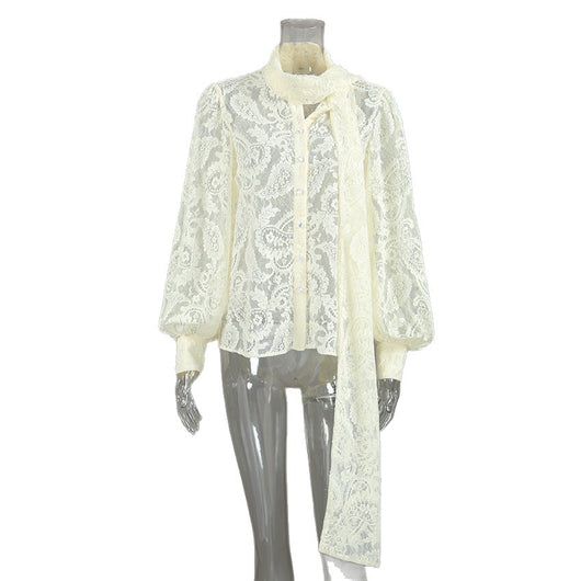 Blusa Elegante de Encaje Francés con Mangas Largas Transparentes - Image 5