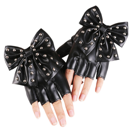 Guantes de Cuero Sintético PU con Moño Remachado - Medio Dedo Fashion
