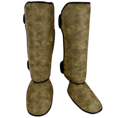 Pair of brown and black thickened shin guards for fighting and boxing, featuring a distressed leather-like texture. - Image 6